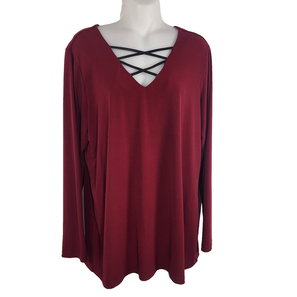 Susan Graver Liquid Knit V-Neck Tunic Top Faux Leather Detail Wine Large A384234